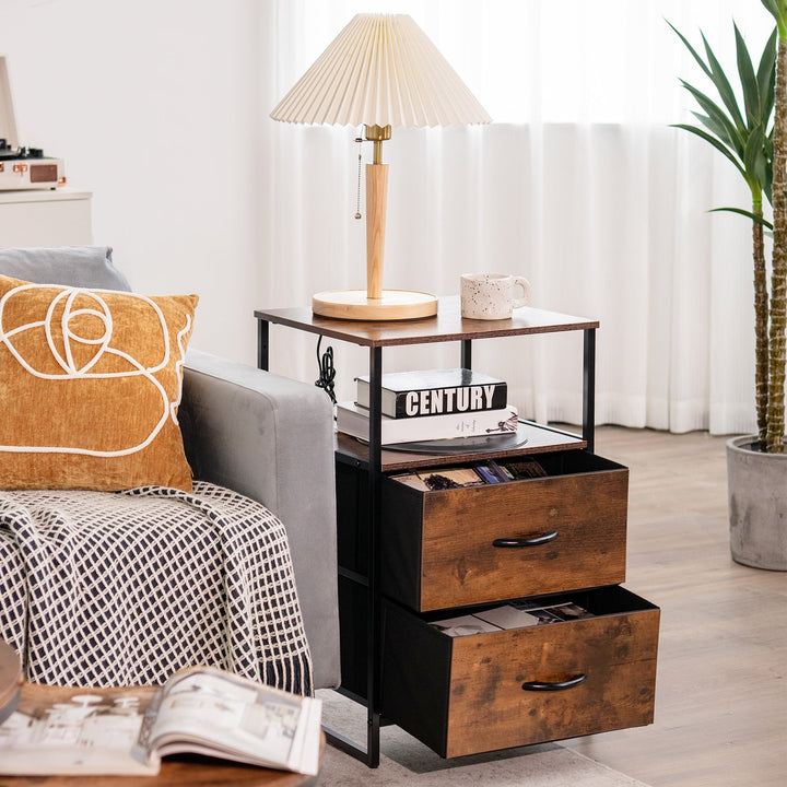 Metal Frame Storage Cabinet with 2 Drawers and Wooden Top-Rustic Brown