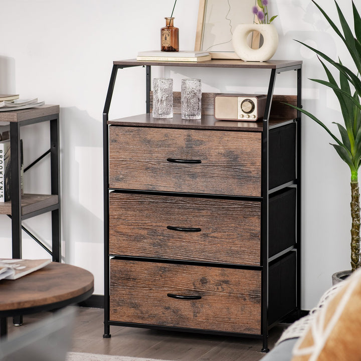 3-Drawer Dresser with Wooden Top and Front for Bedroom Living Room-Rustic Brown