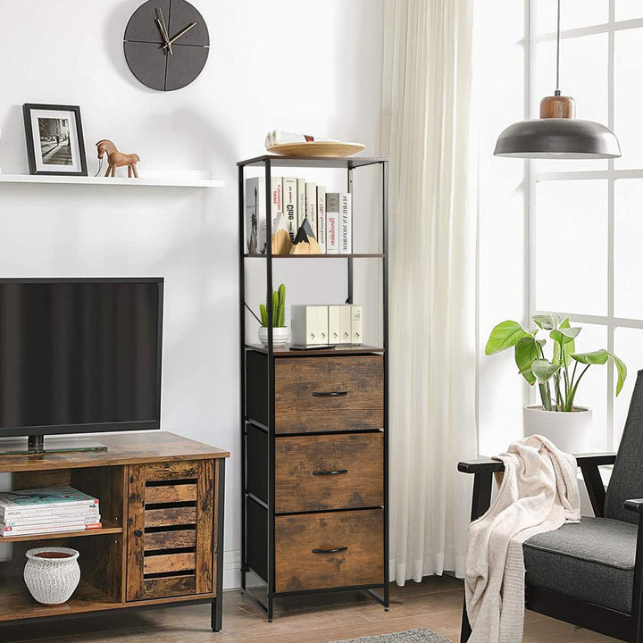 Storage Cabinet with 3 Drawers and 3-Tier Tall Shelf for Bedroom -Rustic Brown