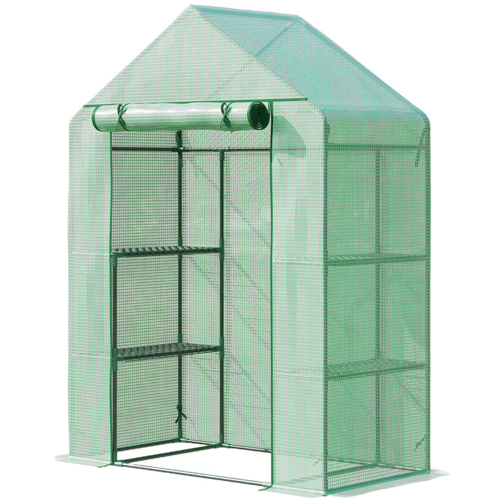 Outsunny Walk-In Greenhouse Portable Gardening Plant Grow House with 2 Tier Shelf, Roll-Up Zippered Door and PE Cover, 141 x 72 x 191 cm