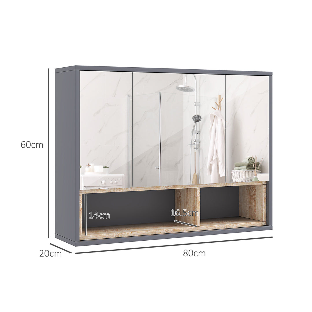 Bathroom Mirror Cabinet, Wall Mounted Bathroom Cabinet with Mirror, 3 Doors and Cupboards, Grey