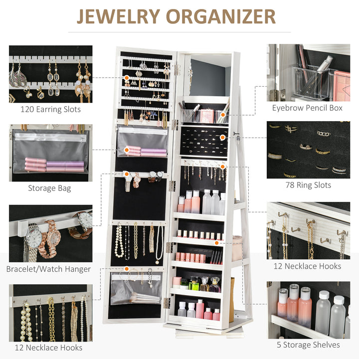 HOMCOM 360° Swivel Jewellery Cabinet, Mirror Armoire, Full Length Mirror, Lockable Jewellery Organizer with Built-In Small Mirror, White