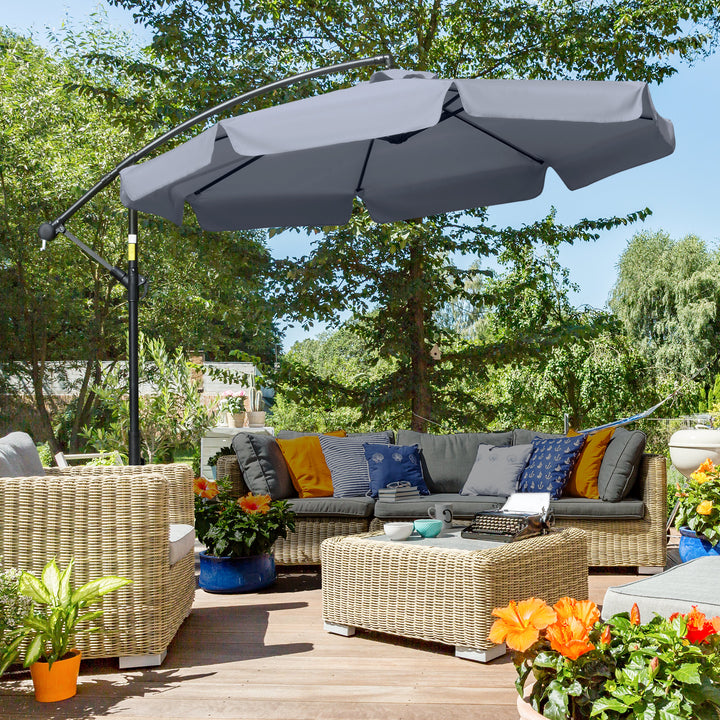 Outsunny 2.7m Banana Parasol Cantilever Umbrella with Crank Handle and Cross Base for Outdoor, Hanging Sun Shade, Dark Grey