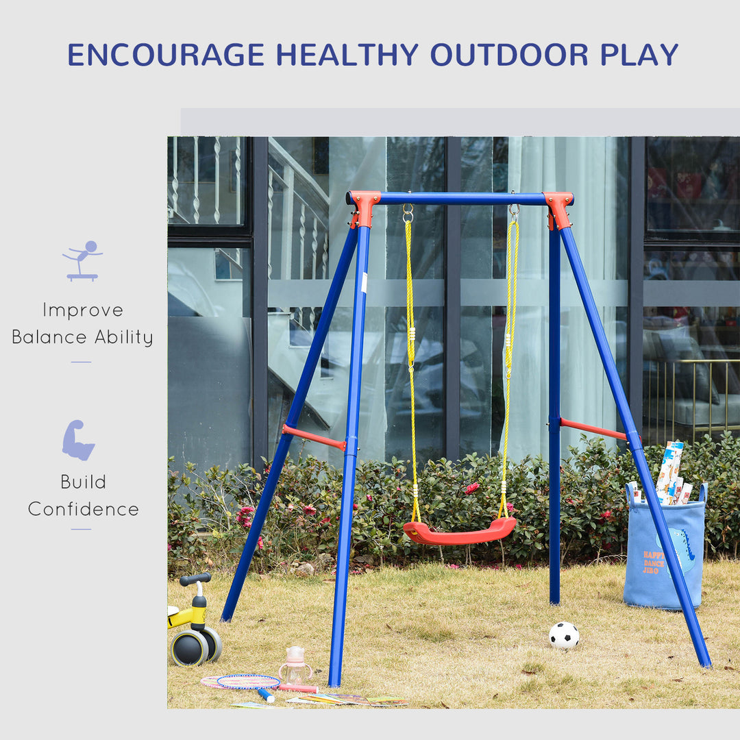 Metal Swing Set with Seat Adjustable Rope Heavy Duty A-Frame Stand Backyard Outdoor Playset for Kids Fun 6-12 Years Old Blue