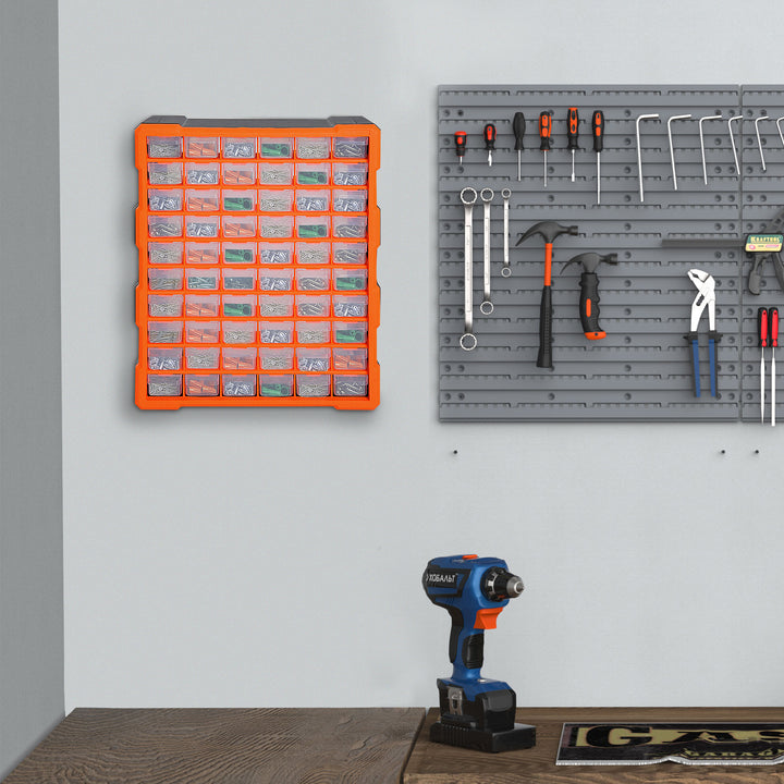 60 Drawers Parts Organiser Wall Mount Storage Cabinet Garage Small Nuts Bolts Tools Clear Orange