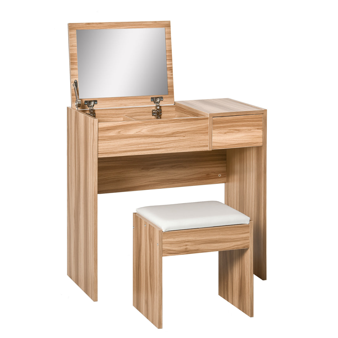 Chipboard Dressing Table Set Cushioned Stool Flip-up Mirror Drawer Wood Grain Colour