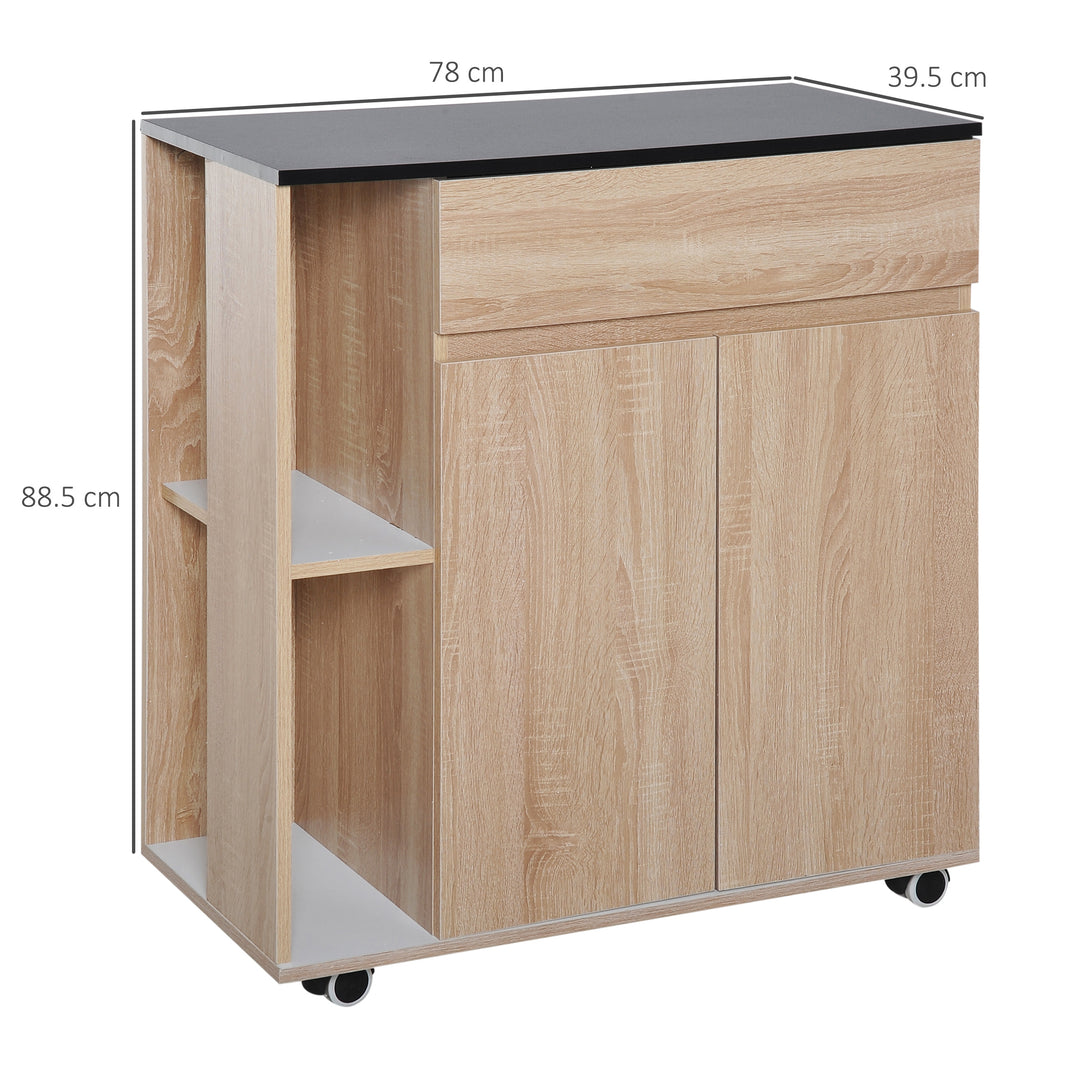 Kitchen Storage Trolley Cart Cupboard Rolling Island Shelves Cabinet With Door and Drawer Locking Wheels