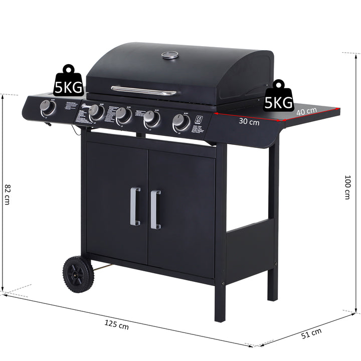 4+1 Gas Burner Grill BBQ Trolley Backyard Garden Smoker Side Burner Barbecue w/ Storage Side Table Wheels