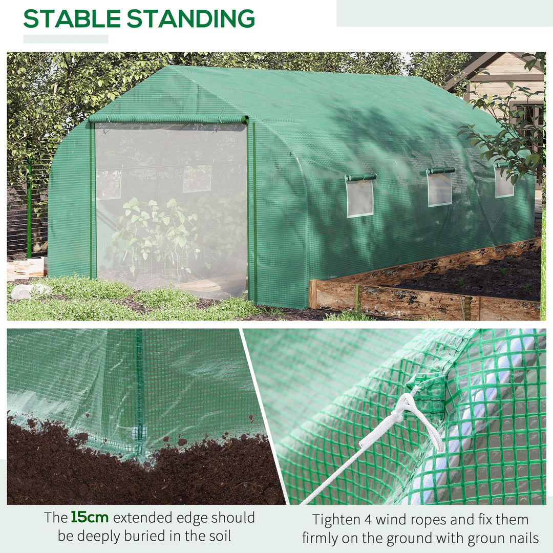 Outsunny 4.47 x 3 x 2m Walk-in Tunnel Greenhouse, Portable Polytunnel Tent, Plant Hot House with PE Cover, Zippered Roll Up Door and 6 Windows, Green
