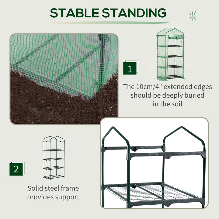 Outsunny 4 Tier Mini Greenhouse, Portable Green House with Steel Frame, PE Cover, Roll-up Door, 70 x 50 x 160 cm, Green