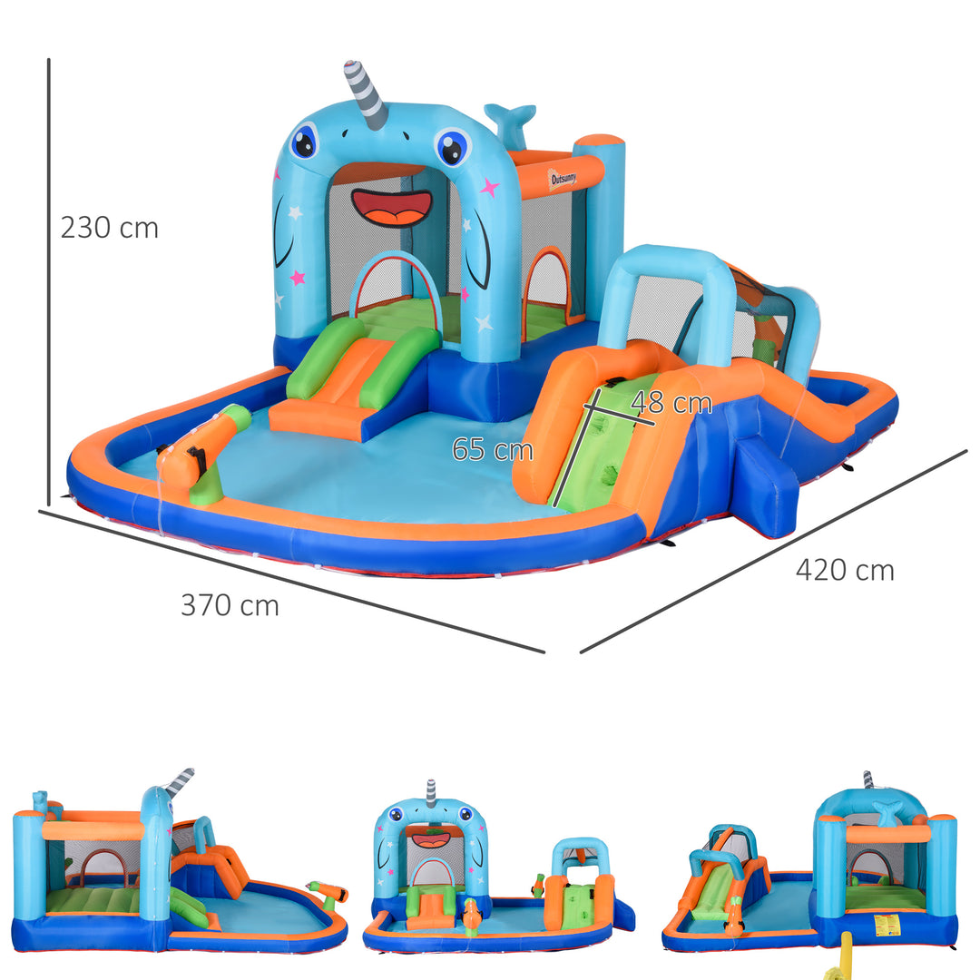 Outsunny 5 in 1 Kids Bounce Castle Narwhals Style Inflatable House with Slide Trampoline Pool Water Gun Climbing Wall with Inflator Carrybag