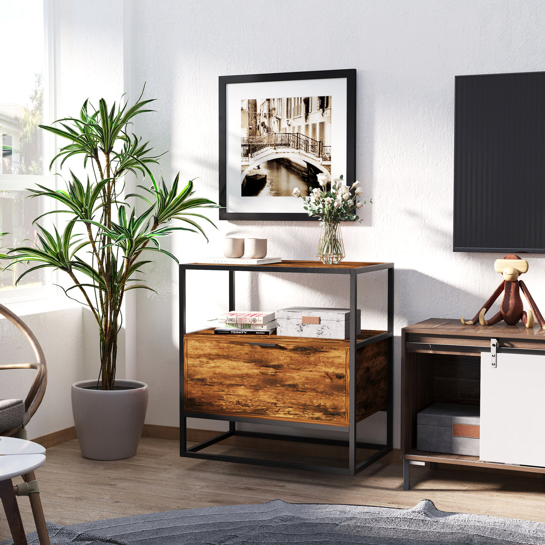 Industrial-Style Side Table w/ Drawer Open Shelf Steel Frame Large Base Two-Tone Retro Stylish Home Furniture Bedroom Living Room