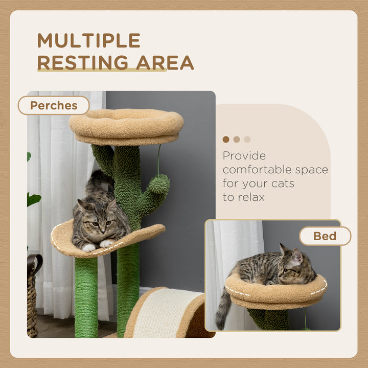 PawHut 72cm Cat Tree, Kitty Activity Center, Wooden Cat Climbing Toy, Cat Tower with Bed Ball Toy Sisal Scratching Post Curved Pad, Yellow