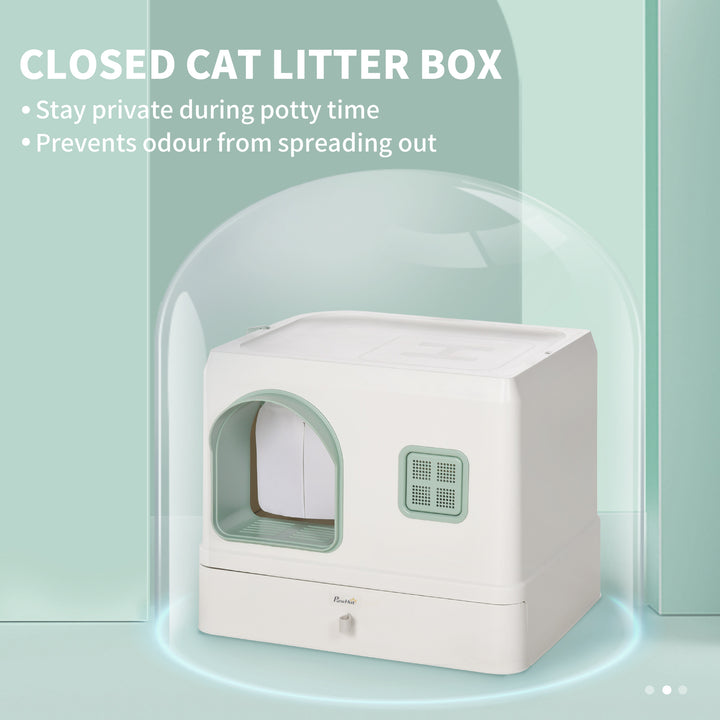 Cat Litter Box with Drawer Pan, Hooded Cat Litter Tray with Scoop, Deodorants, Front Entrance, 50 x 40 x 40 cm, White