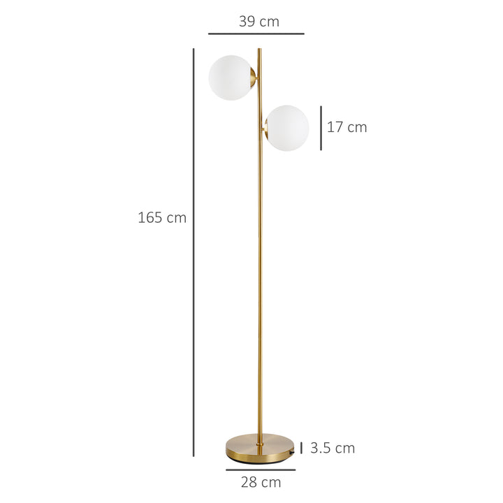 2 Glass Shade Floor Lamp Metal Pole Cool Modern Decorative w/ Floor Switch Home Office Furnishing Gold