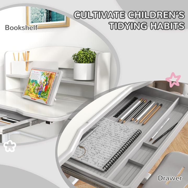 Height Adjustable Kids Study Table and Chair Set, with Drawer, Storage Shelf, Grey