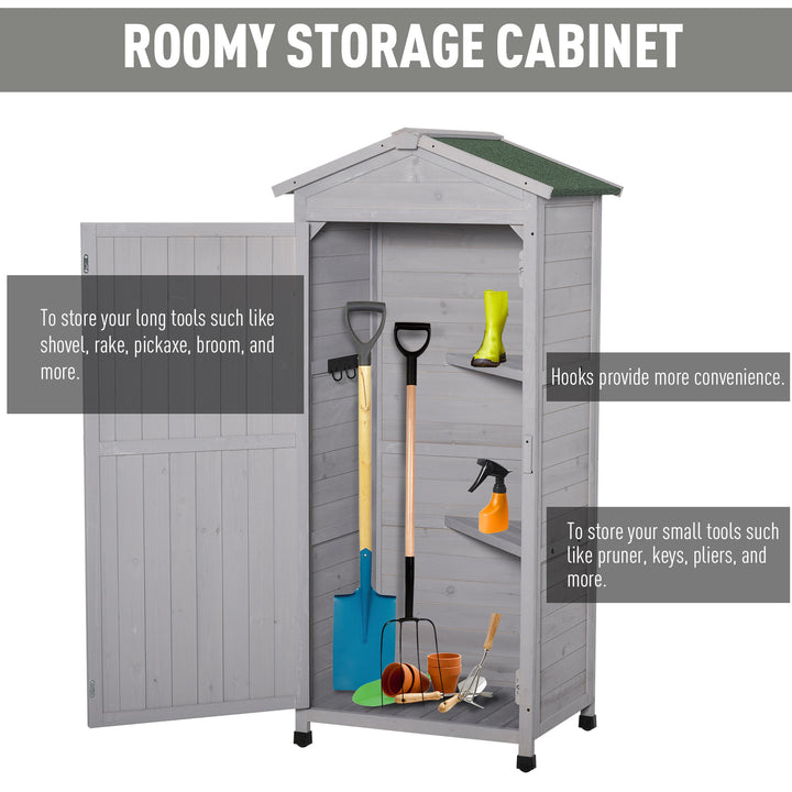Wooden Garden Cabinet 3-Tier Storage Shed 2 Shelves Lockable Organizer with Hooks Foot Pad 74 x 55 x 155cm Light Grey