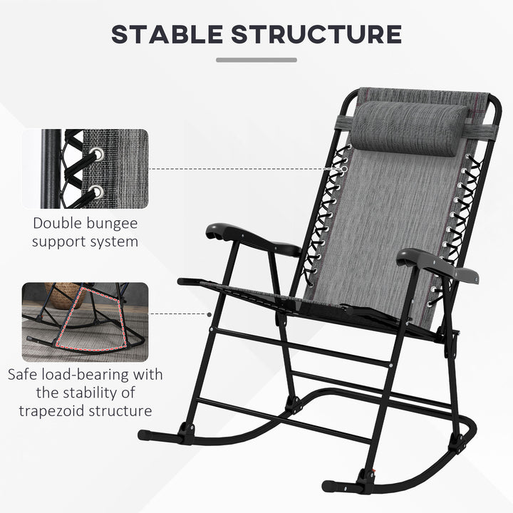 Garden Rocking Chair Folding Outdoor Adjustable Rocker Zero-Gravity Seat with Headrest Camping Fishing Patio Deck - Grey