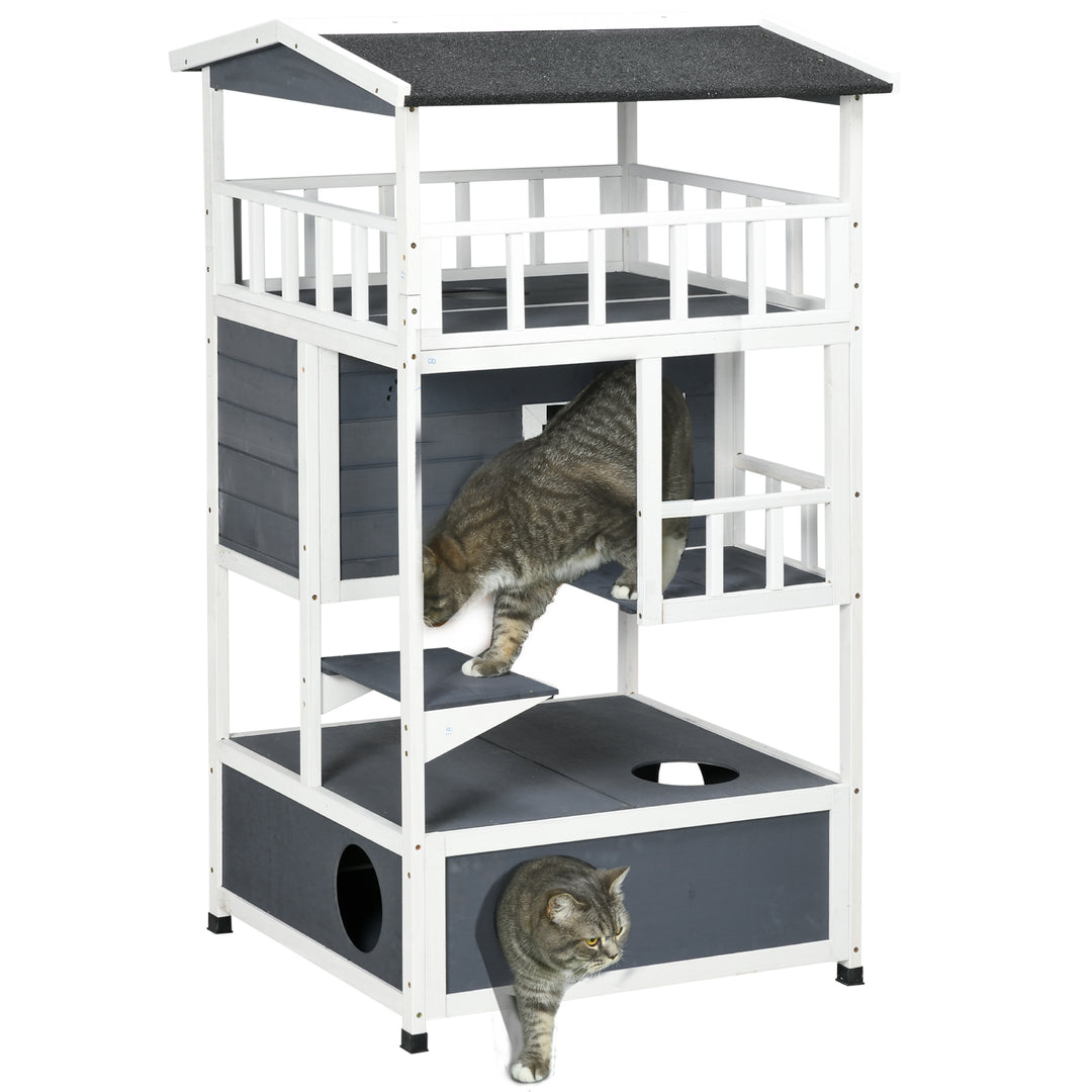 PawHut Cats Fir Wood 3-Tier Waterproof Play House Grey