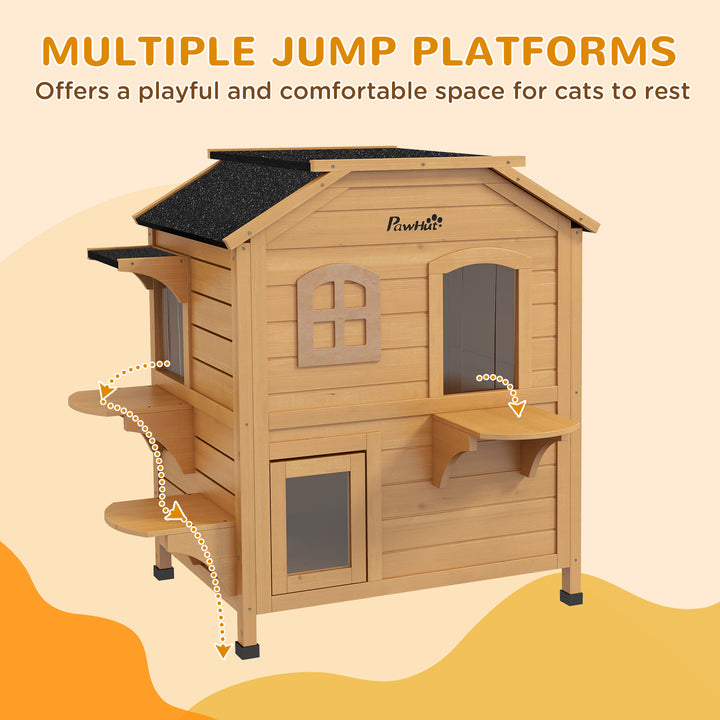 Wooden Cat House Condos Cat Cave Pet Shelter 2 Floor Villa Outdoor Furniture Natural Wood Finish