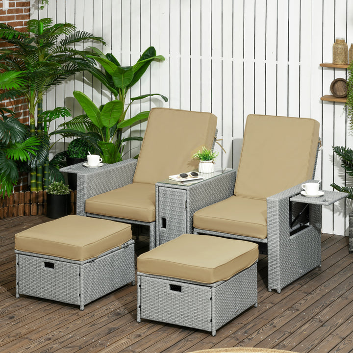 5PC PE Rattan Sun Lounger, Outdoor Wicker 5-level Adjustable Recliner Sofa Bed with Storage Side Table Footstools, for Patio, Garden, Beige