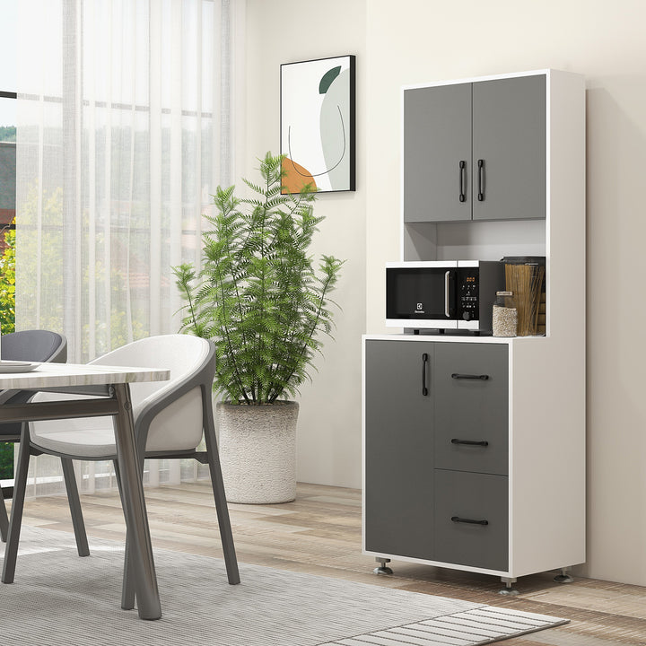 Modern Kitchen Cupboard with Storage Cabinets, 3 Drawers and Open Countertop for Living Room, Grey