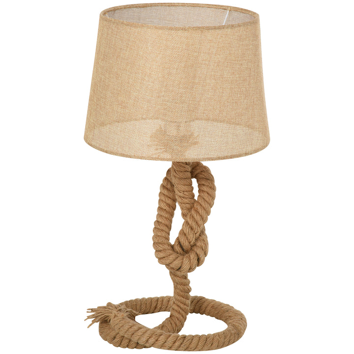 HOMCOM Nautical Style Rope-Base Table Lamp w/ Fabric Lampshade Metal Frame Power Switch Unique Lighting Furnishing Bedroom Living Room Study Beige