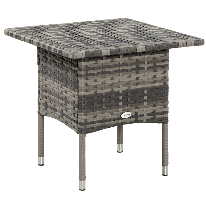 Rattan Side Table, Outdoor Coffee Table, with Plastic Board Under the Full Woven Table Top for Patio, Garden, Balcony, Mixed Grey