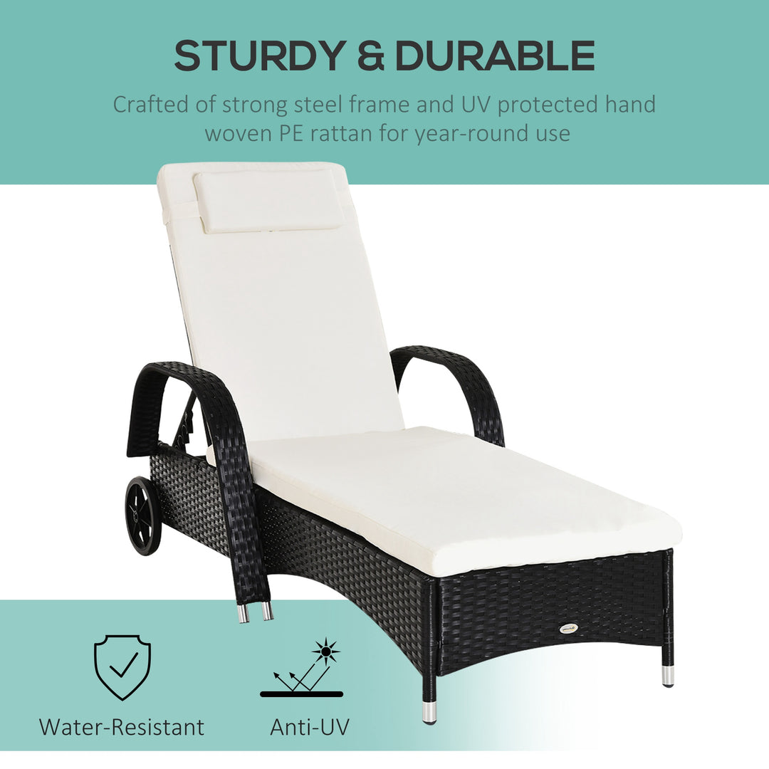Outsunny Garden Rattan Furniture Single Sun Lounger Recliner Bed Reclining Chair Patio Outdoor Wicker Weave Adjustable Headrest - Black