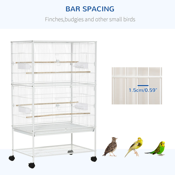 Large Bird Cage Aviary for Finch Canaries, Budgies with Rolling Stand, Slide-out Tray, Food Containers, White