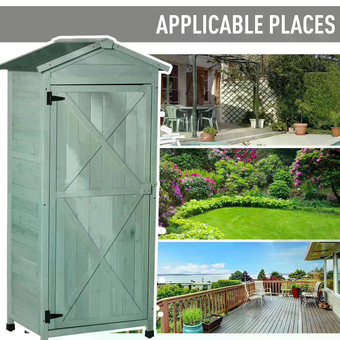 Wooden Garden Cabinet 3-Tier Storage Shed 2 Shelves Lockable Organizer with Hooks Foot Pad 74 x 55 x 155cm Green