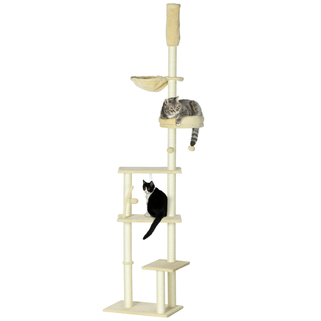 PawHut Floor to Ceiling Cat Tree for Indoor Cats, 6-Tier Play Tower Climbing Activity Center with Scratching Post, Platforms, Bed, Hammock, Adjustable Height 230-250cm, Beige