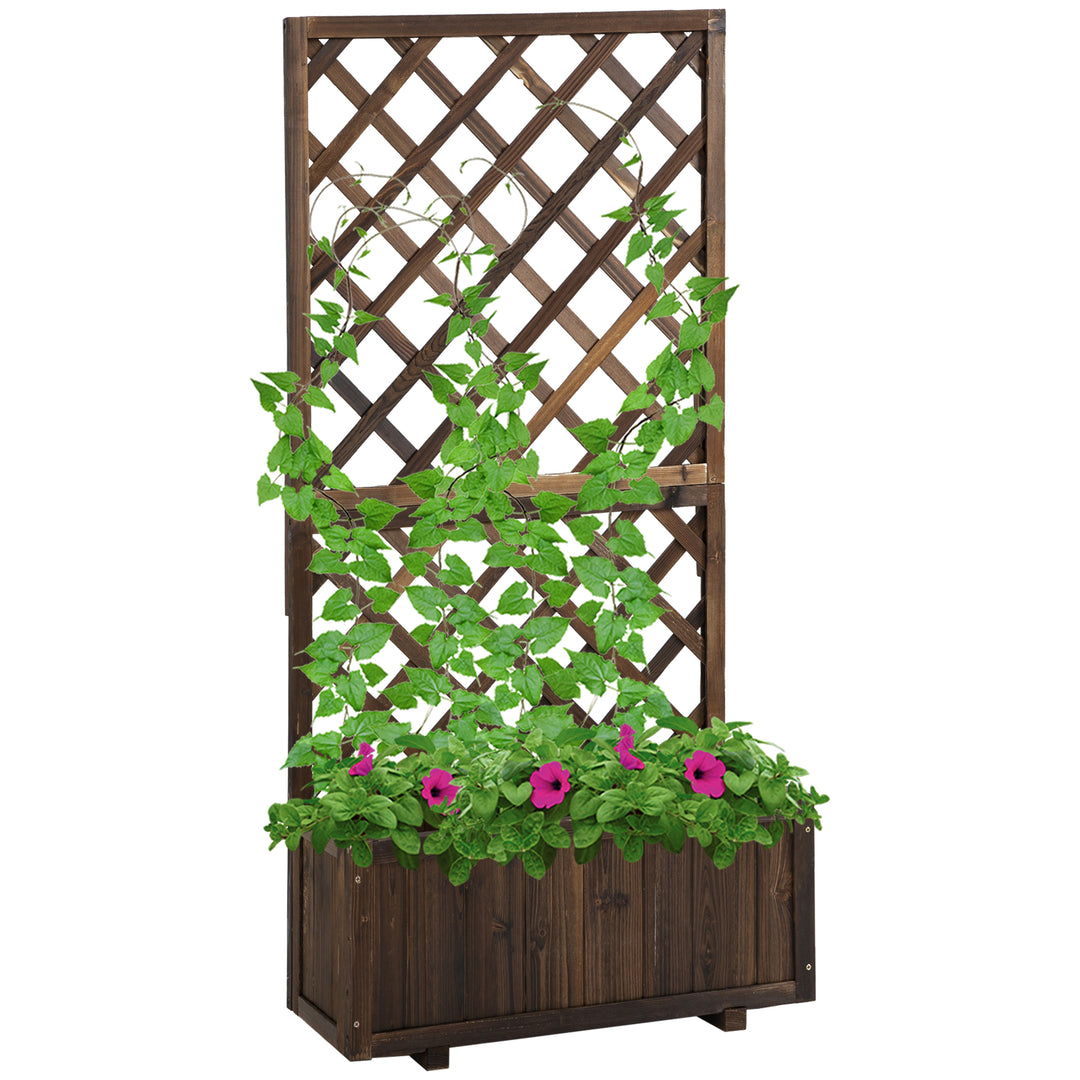 Outsunny Garden Wooden Pine Trough Planter with Topped Trellis Climbing Plants Flower Raised Bed