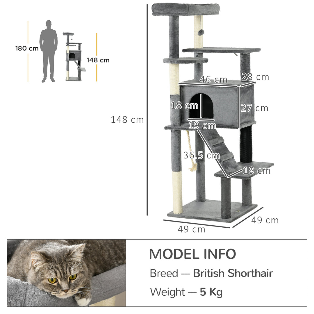 Cat Tree Tower for Indoor Cats, with Scratching Post, Cat House, Toy, Grey