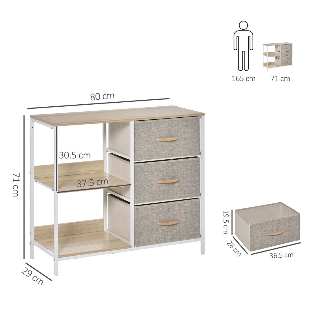 Chest of Drawers Storage  Dresser Cabinet Organizer with 3 Fabric Drawers and 2 Display Shelves for Living Room, Bedroom, Hallway, Beige