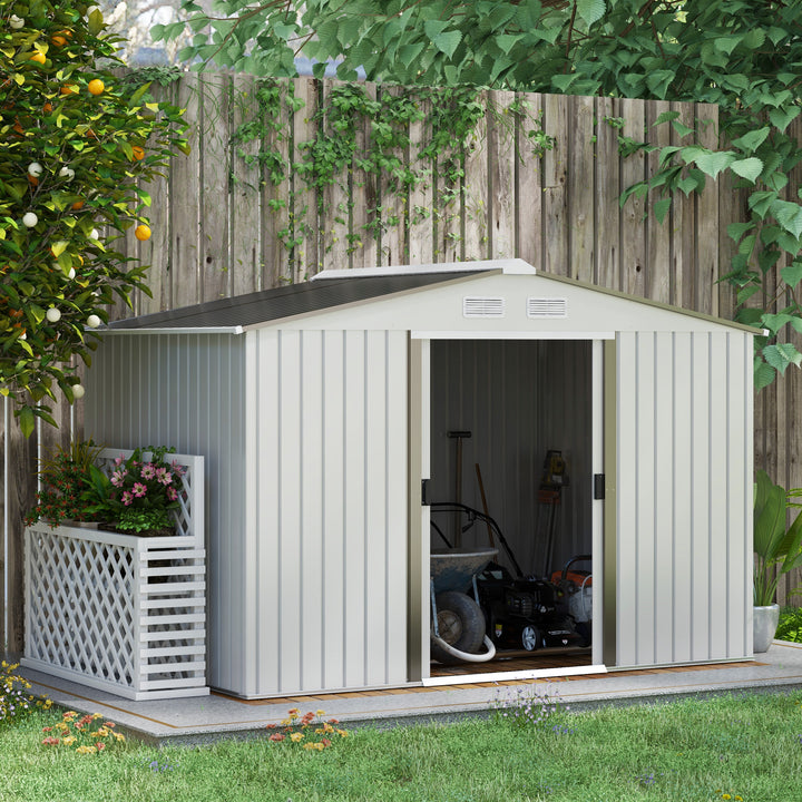 9 x 6FT Garden Storage Shed, Metal Outdoor Storage Shed House with Floor Foundation, Ventilation & Doors, Grey