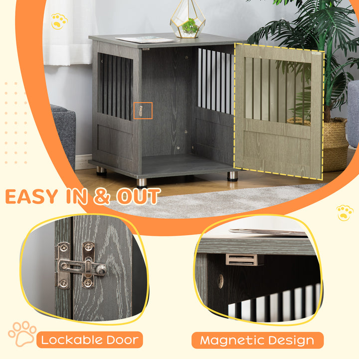 PawHut Dog Crate Furniture, Wooden End Table, Small Pet Kennel with Magnetic Door Indoor Crate Animal Cage, Grey