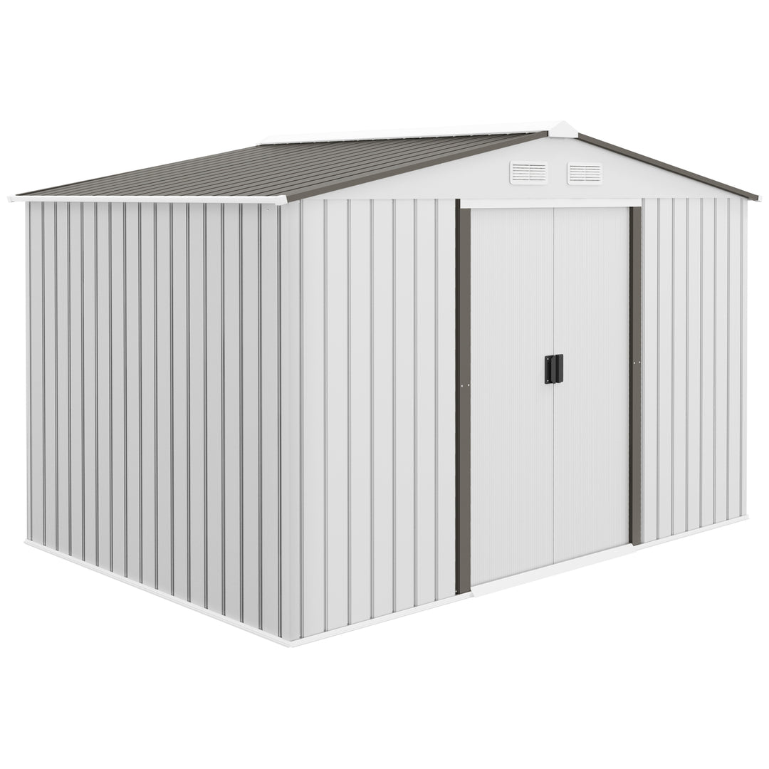 9 x 6FT Garden Storage Shed, Metal Outdoor Storage Shed House with Floor Foundation, Ventilation & Doors, Grey