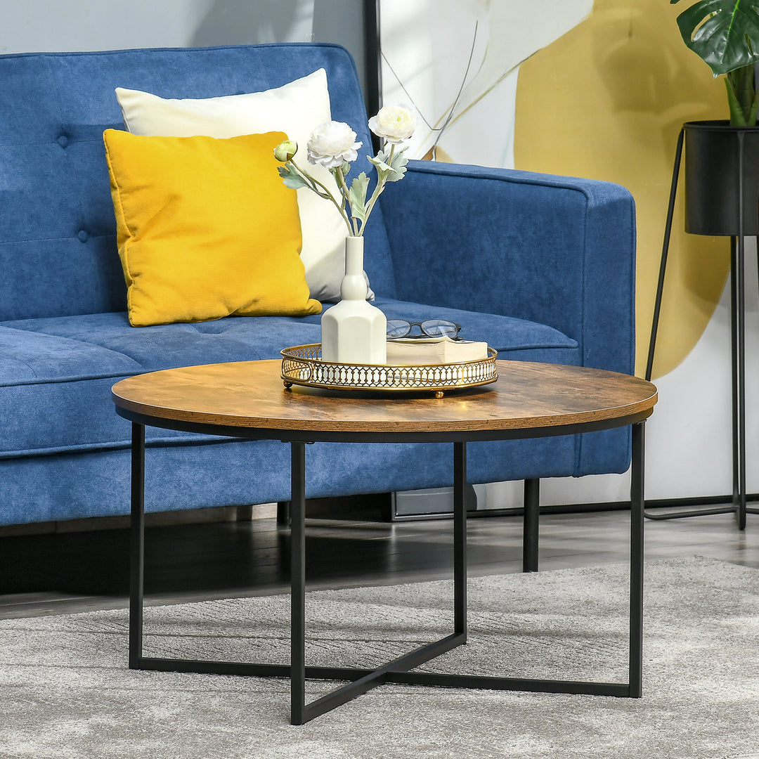 Coffee Table, Industrial Round Side Table with Metal Frame, Large Tabletop for Living Room, Bedroom, Rustic Brown