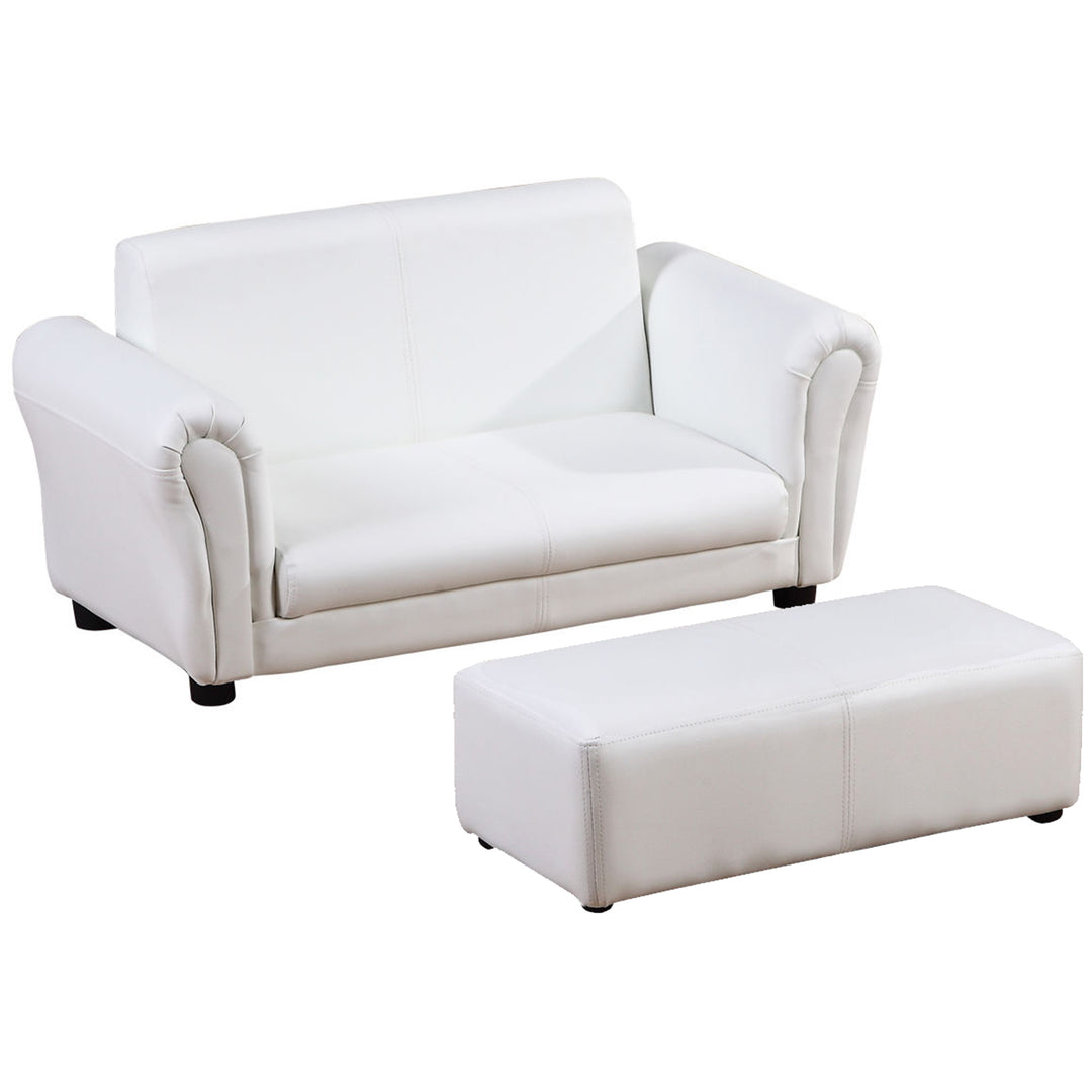 2 Seater Toddler Chair Kids Twin Sofa Childrens Double Seat Chair Furniture Armchair Boys Girls Couch w/ Footstool (White)