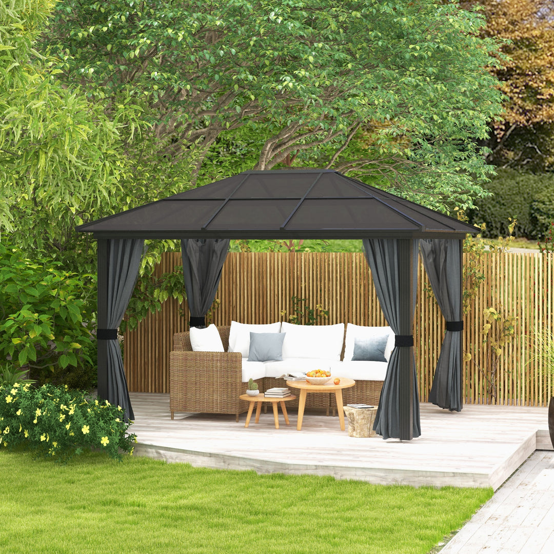 Outsunny 3.6 x 3(m) Hardtop Gazebo with UV Resistant Polycarbonate Roof & Aluminium Frame, Garden Pavilion with Mosquito Netting and Curtains