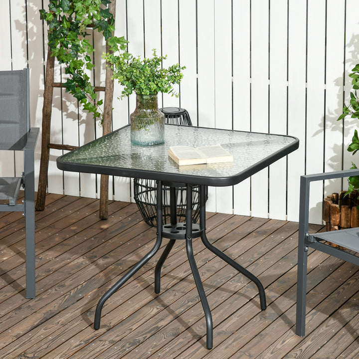 Outsunny Square Patio Table, Tempered Glass Top Bistro Table, Garden Dining Table, Outdoor Accent Coffee Table 76 x 76cm Steel Frame w/ Umbrella Hole