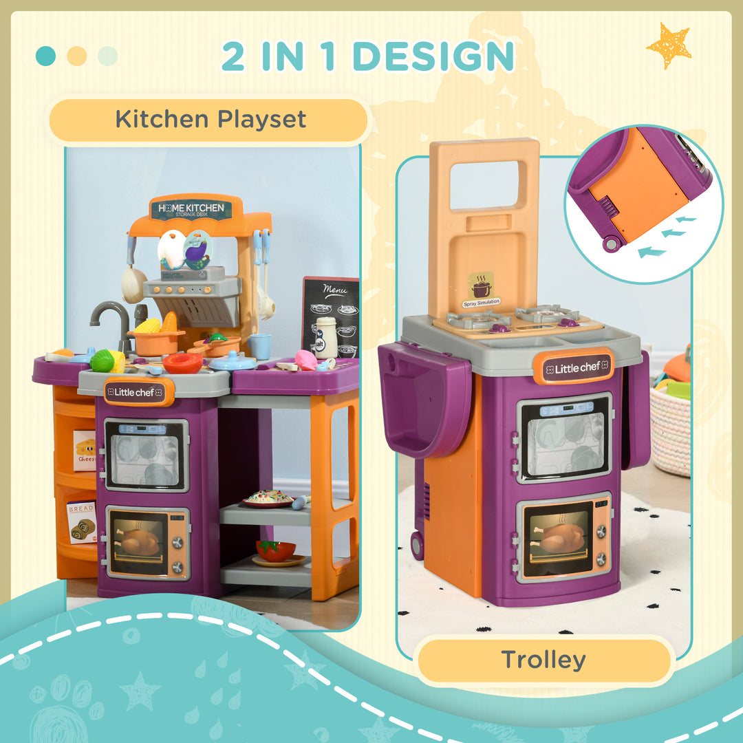 Toy Kitchen, 49 Pieces Kids Play Kitchen, Children Trolley, with Sound and Light