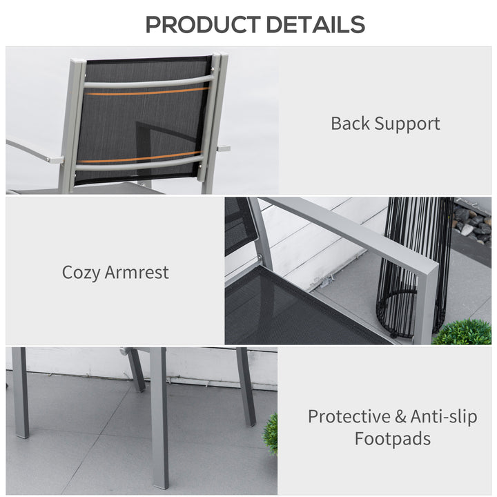 Set Of 2 Outdoor Chairs Square Steel Frame Texteline Seats Foot Caps Mesh Boxy Comfortable Easy Clean Black Grey