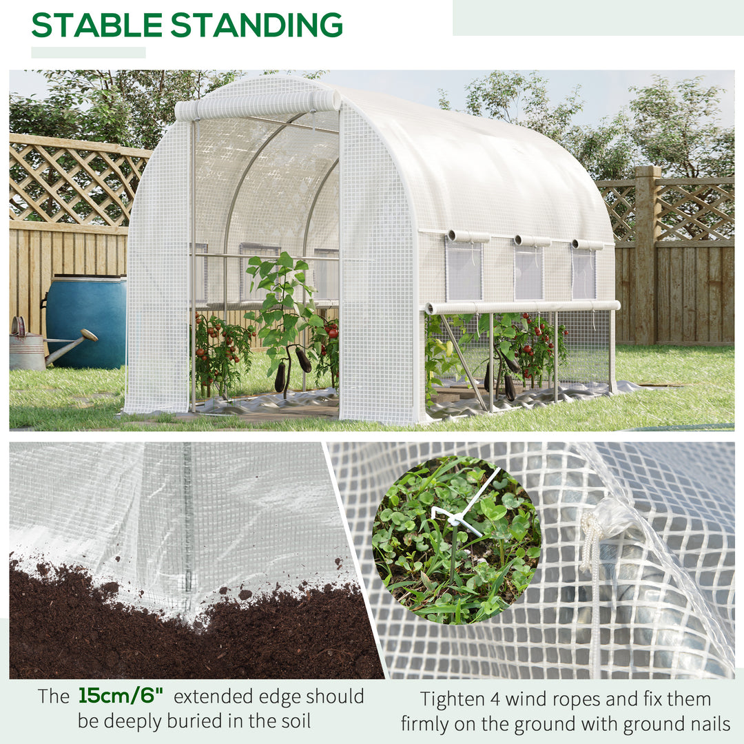 Outsunny 3 x 2 x 2m Walk-in Tunnel Greenhouse, Polytunnel Tent with PE Cover, Zippered Roll Up Door and 6 Mesh Windows, White
