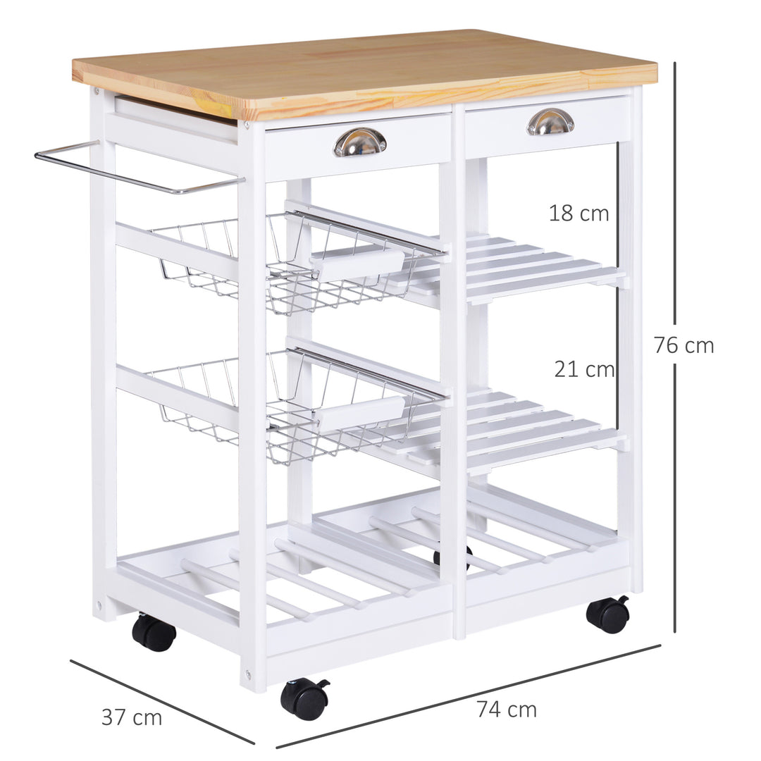 Rolling Kitchen Island Trolley Cart Drawer Shelves Basket Wheels W/  6 Bottle Wine Rack White