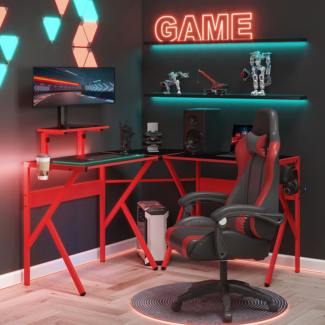 Gaming Desk L-Shaped Corner Computer Table for Home Office PC Workstations with Adjustable Monitor Stand , Red