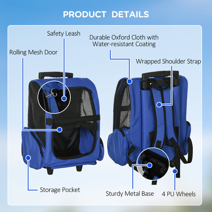 PawHut Pet Carrier Travel Backpack Bag Cat Carrier Puppy Dog Bag w/ Trolley, Telescopic Handle Portable Stroller Wheel, 42 x 25 x 55 cm, Blue