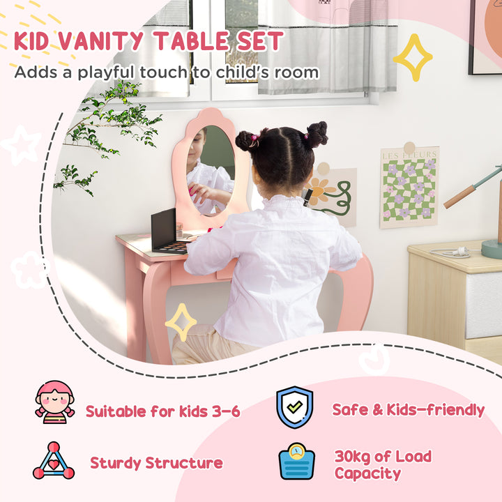 Kids Dressing Table with Mirror and Stool, Bedroom Furniture Set for Ages 3-6 Years - Pink