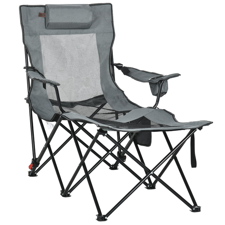 Foldable Reclining Garden Chairs with Footrest and Adjustable Backrest, Portable Camping Chair with Headrest, Cup Holder and Carry Bag, Grey